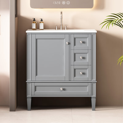 Meuble-lavabo de 30 po avec lavabo en céramique gris, 3 rangements, fabrication en bois massif, comptoir élégant, ensemble d'accessoires gris - 30 po, armoire à 3 tiroirs et équipement soyeux