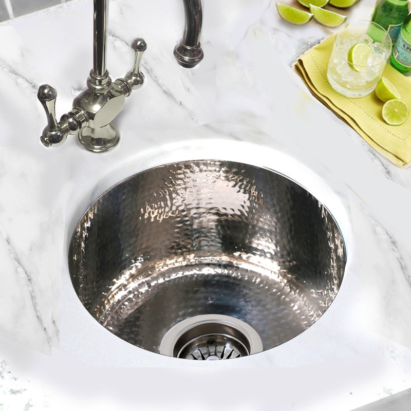 Brightwork 15-Inch Hand Hammered Round Stainless Steel Bar Sink, Polished Stainless