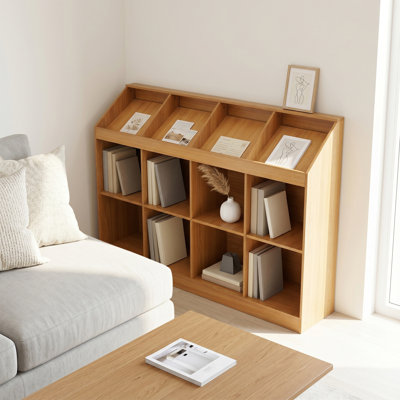Bibliothèque de 12 cubes, armoire de rangement ouverte avec compartiments supérieurs inclinés, tablette en bois imitation bois pour bureau à domicile, salon, salle de classe