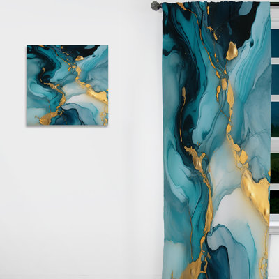Turquoise Gold Infused Marble II - Fractals Room Darkening Abstract Curtain - 1 Panel