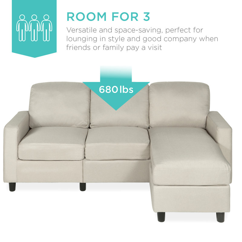 Shaine Linen Sectional Sofa Couch w/ Chaise Lounge, Reversible Ottoman Bench, Natural 100% Polyester