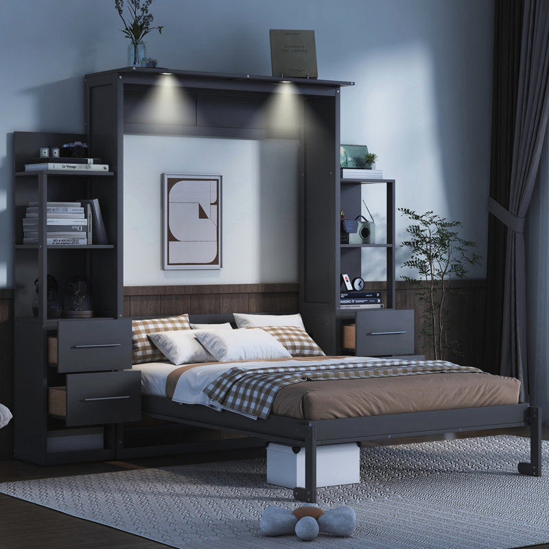 Full Size Bed In Gray With Drawer Storage And Style - Space Saving For Small Apartments Led Lights Multi Rooms Homes, Gray