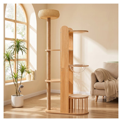 70.8" Tall Multi-Level Cat Tree Tower with Sisal Scratching Post, Space Capsule & Woven Bed, Modern MDF Cat Climbing Furniture in Natural Finish
