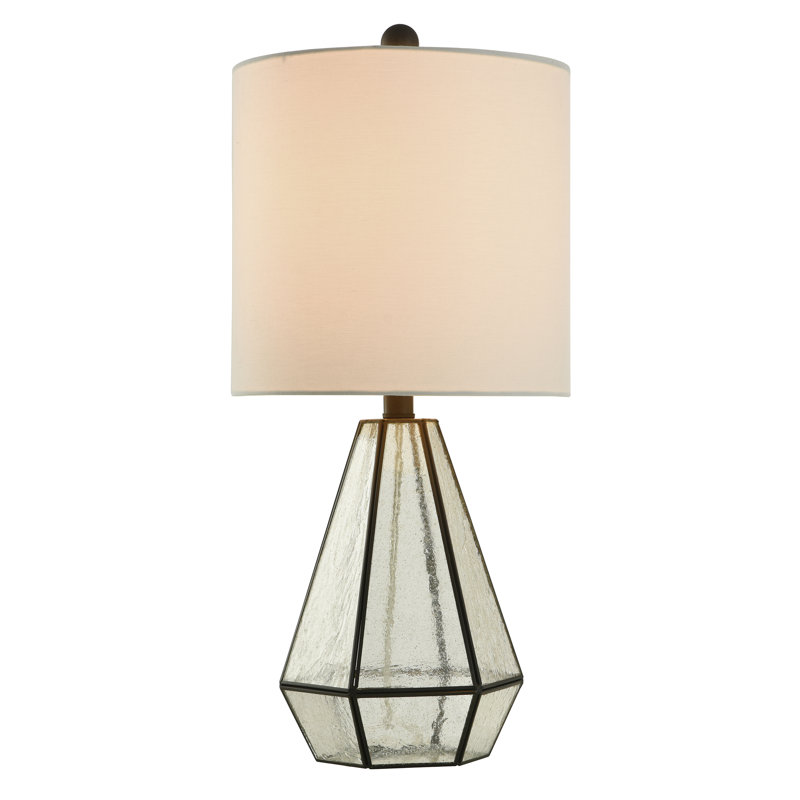 Aged Bronze Geometric Nightstand Lamp with White Barrel Shade