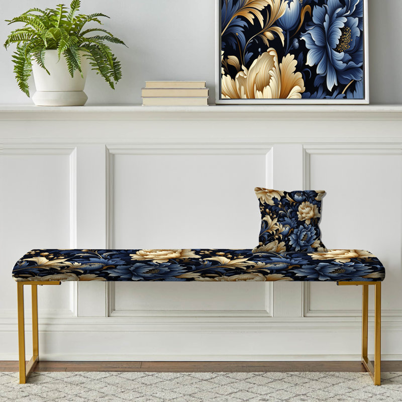 Celestial Blue Damask Mirage - Damask Upholstered Gold Bench