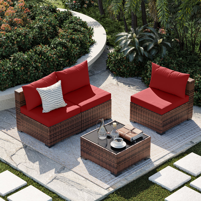 3-Person Armless Outdoor Seating Group With Coffee Table, Burgundy