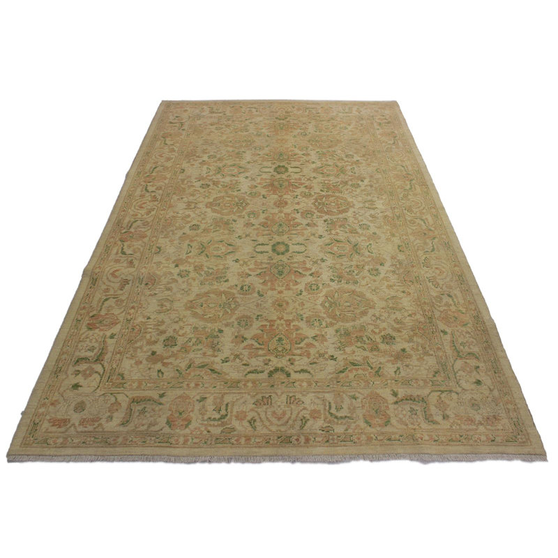 Tapis oriental brun clair / vert en laine noué à la main 6 pi 2 po x 8 pi 10 po Kellyanna