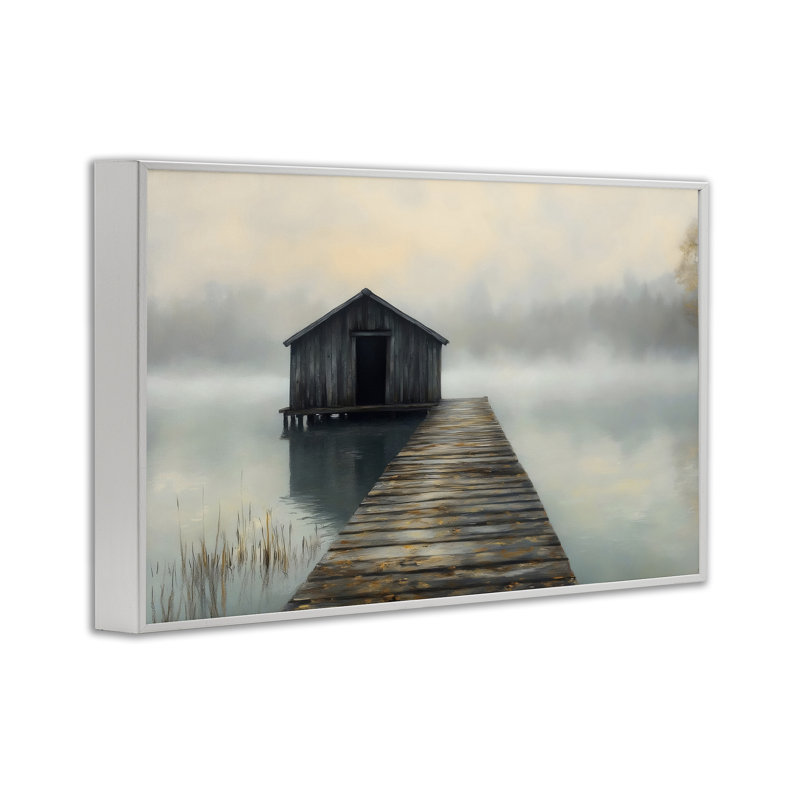 Lakeside Boathouse Dock Framed Giclee, design by LSR Creative Studio, 12" H x 18" W, Coastal White Framed Giclee