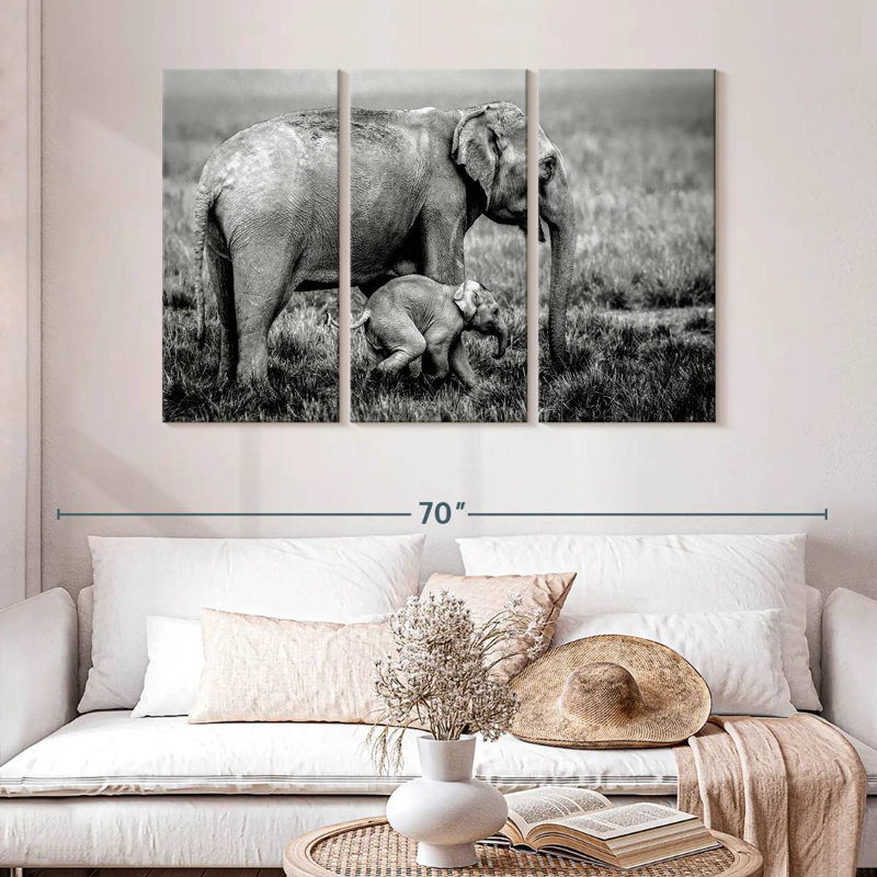 Elephant And Its Young In Assam, 32" H x 50" W