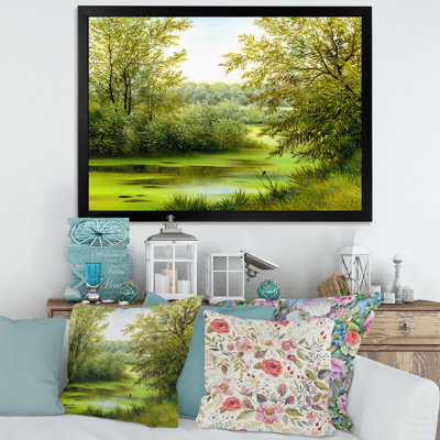 Étang vert avec arbres printaniers - Peinture sur toile