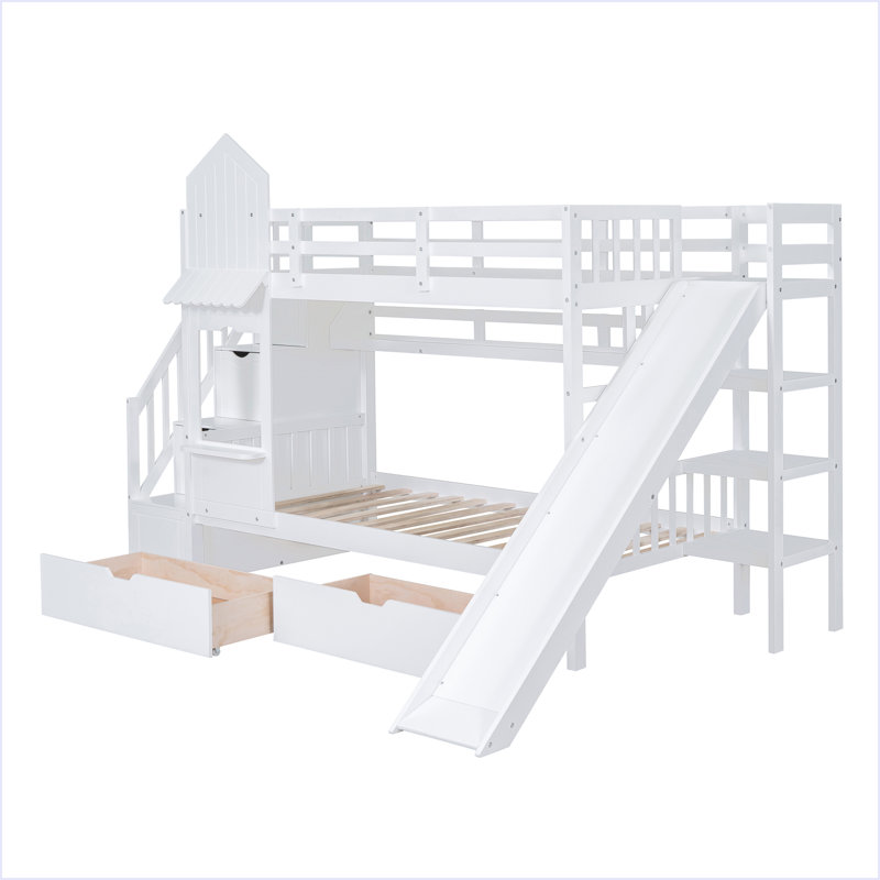 Lit superposé de style château avec 2 tiroirs, 3 tablettes et glissade, Blanc, Lit superposé simple sur simple