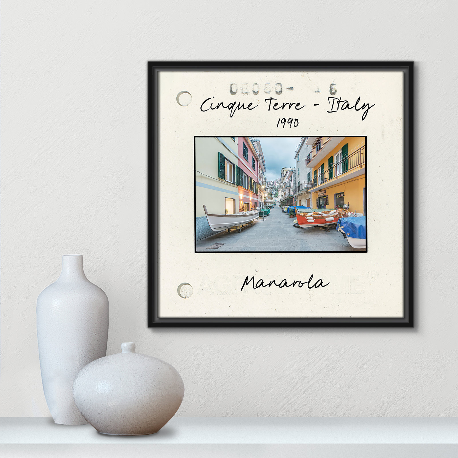 Travel Slide Collection "Cinque Terre - Manarola" Print, 17.5" H x 17.5" W x 2" D, Black Floater Framed Canvas