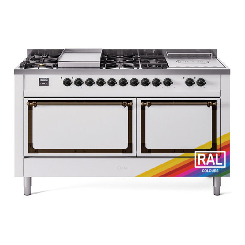 ILVE Nostalgie II Series Noblesse 60 inch Dual Fuel Range with 7 Sealed Burners, Griddle, Frenchtop (Glass Door), Burnished