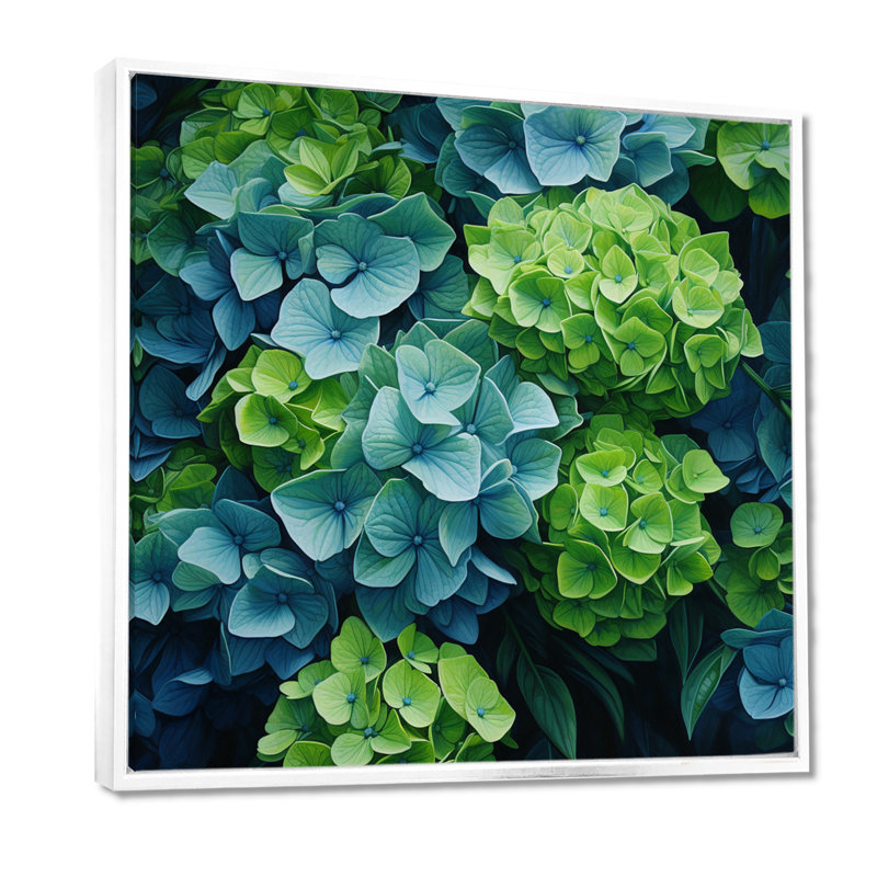 Vert, bleu, hortensia, fleurs d'émeraude - art mural encadré hortensia, 44" H x 44" W, Cadre flottant blanc