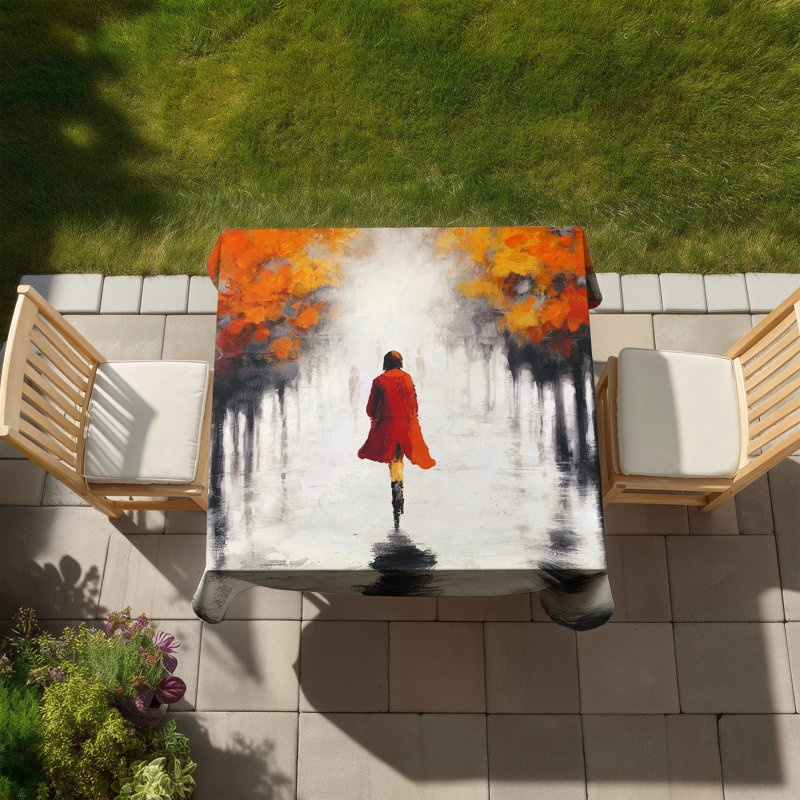 Woman with a Red Coat by Fall - Orange Tablecloth for Decor