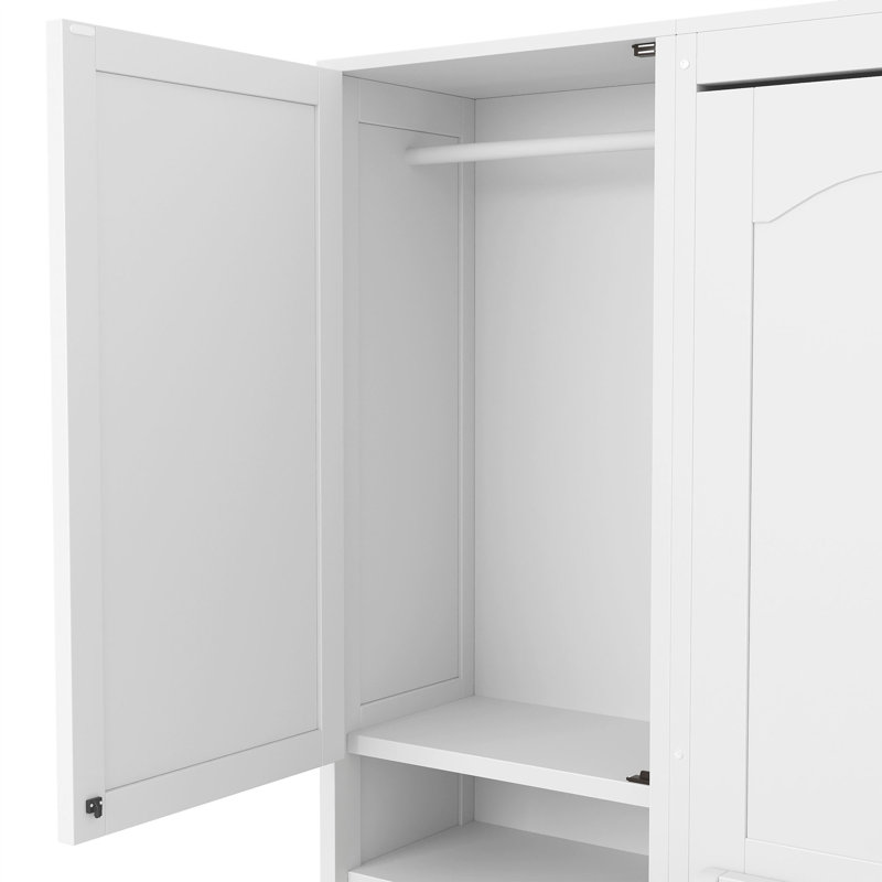 Lit escamotable double pleine grandeur avec placard, tiroirs et tablettes, blanc, Lit double, Blanc