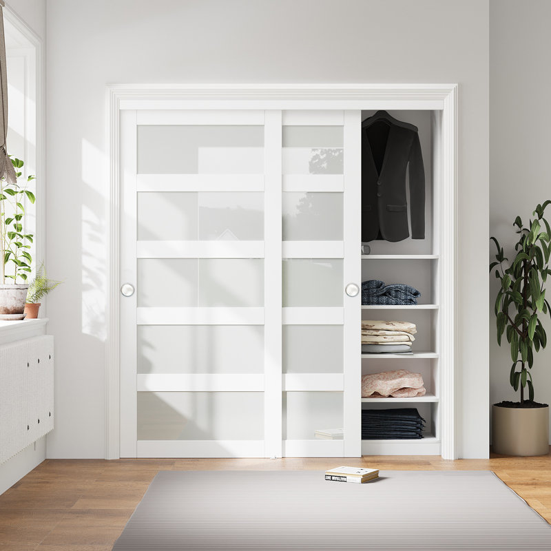 Porte coulissante intérieure en verre préfini en verre préfini blanc 72 "x 80" 5 Lite pour garde-manger et garde-robe avec ensemble de quincaillerie complet assemblé
