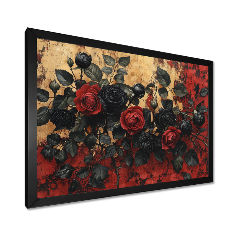 Art mural de roses de minuit de MOVita - roses, art mural, H 30 po x l 40 po, Avec cadre, Noir, noir, noir, noir