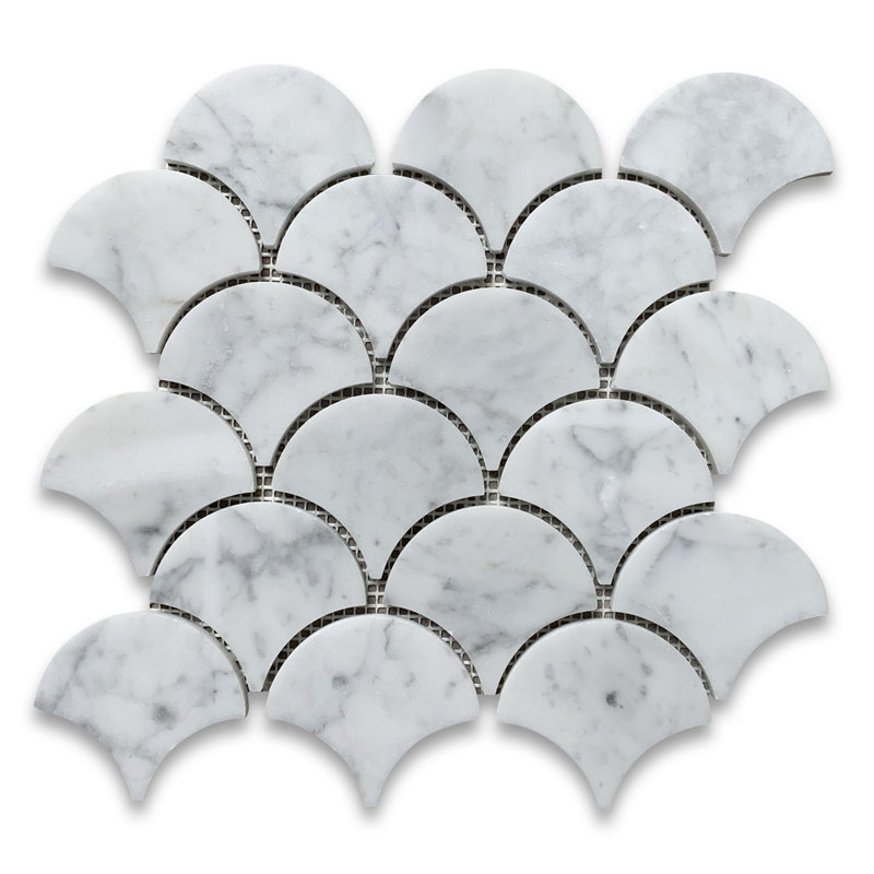 Carrara White Marble Grand Fish Scale Fan Shape Mosaic Tile Honed
