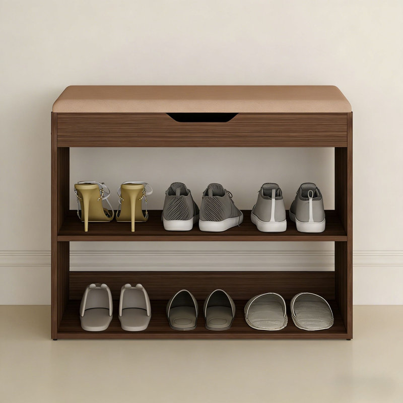 22.6" Shoe Storage Bench With Cushion And Flip-top Storage, Entryway Shoe Rack With 2 Adjustable Shelves, Brown