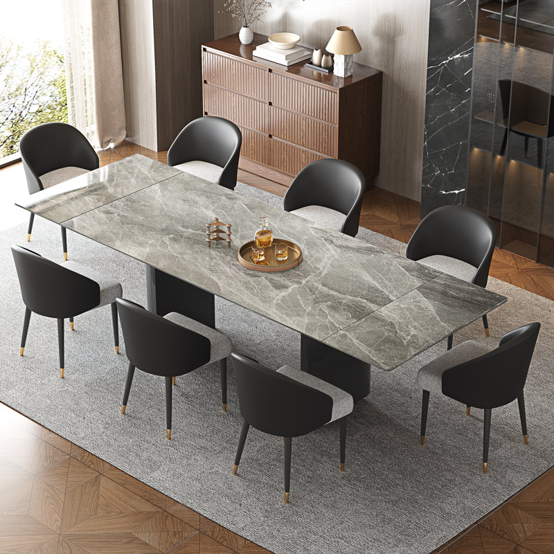 Ensemble de table de salle à manger 9 pièces avec table de salle à manger extensible en pierre frittée de 63 à 94,5 po avec 8 chaises rembourrées en cuir Fuax