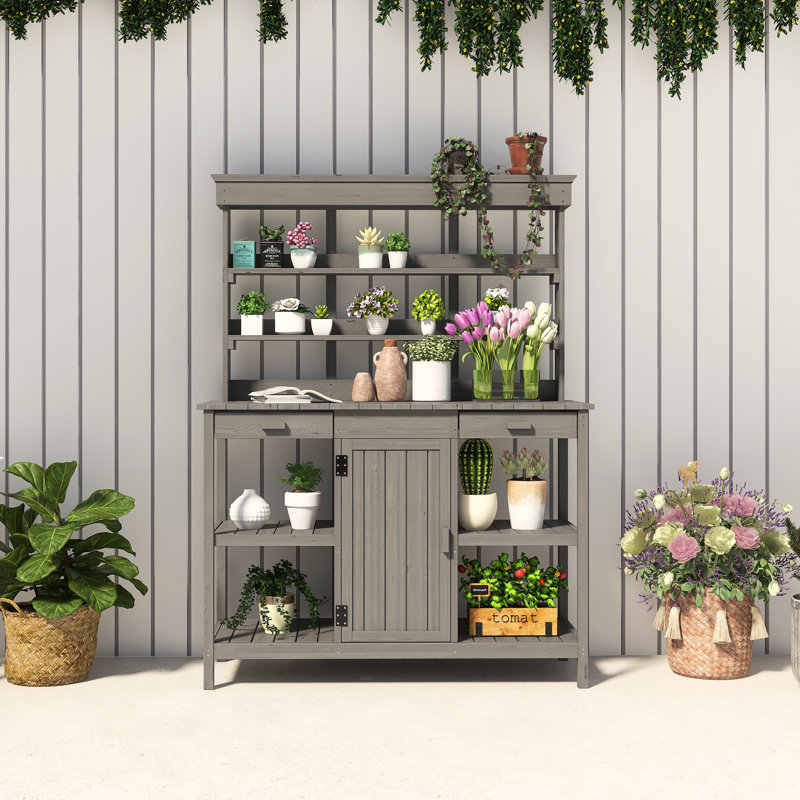 Poste de travail de table avec 2 tiroirs, armoire et tablettes ouvertes, Gris