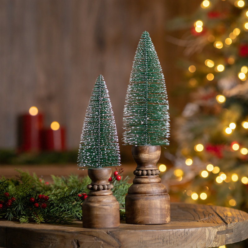 Mini-arbre à brosse sur un piédestal (ensemble de 2), Brun / vert