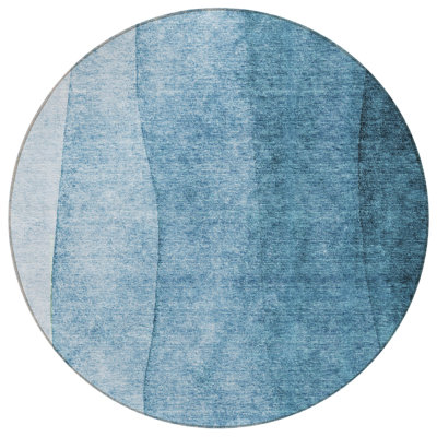 HomeRoots 8' Denim Blue And Navy Blue Round Ombre Washable Indoor Outdoor Area Rug