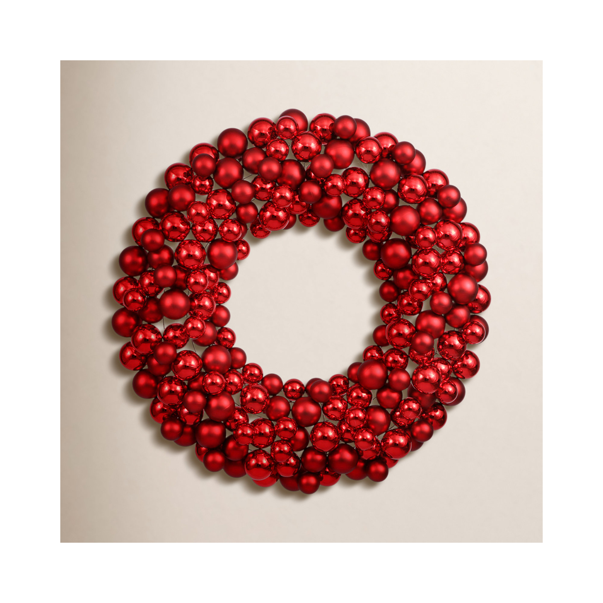 Shiny and Matte Ball Wreath, Red, 24" W x 24" H x 3" D