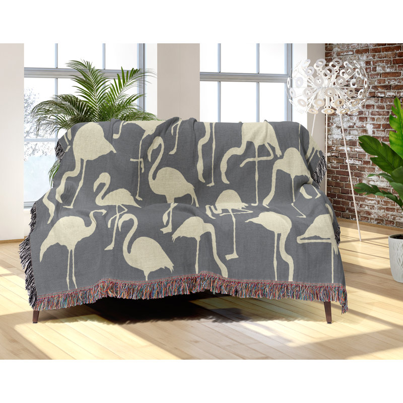 Jeté en mélange de coton Vixo Flamingo, Gris / Blanc cassé, L 80 po x l 60 po