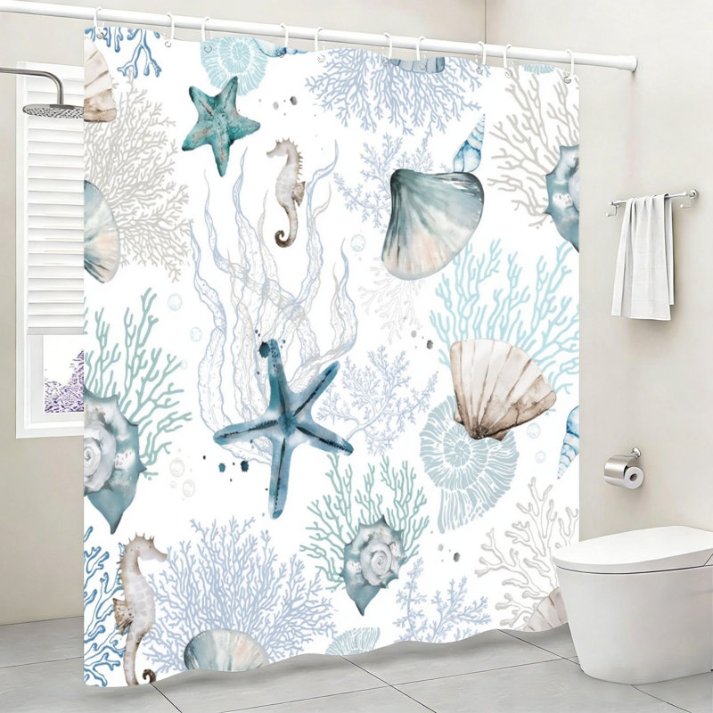 Rideau de bain Seahorse Coral Seashell 72 po x 72 po (180 x 180 cm) menthe avec crochets