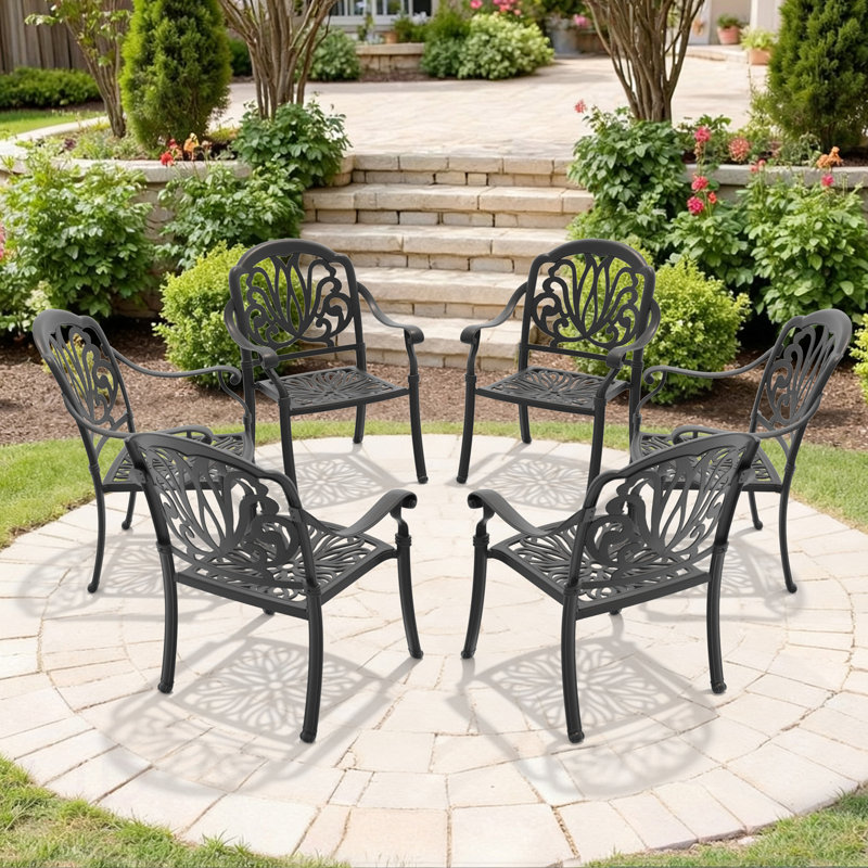 Chaise de patio en fonte d'aluminium 6 pièces avec structure et coussins noirs