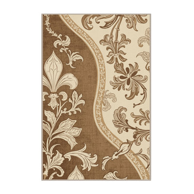 Soft Plush Adlai Traditional Damask Area Rug in Brown – Beige Binding
