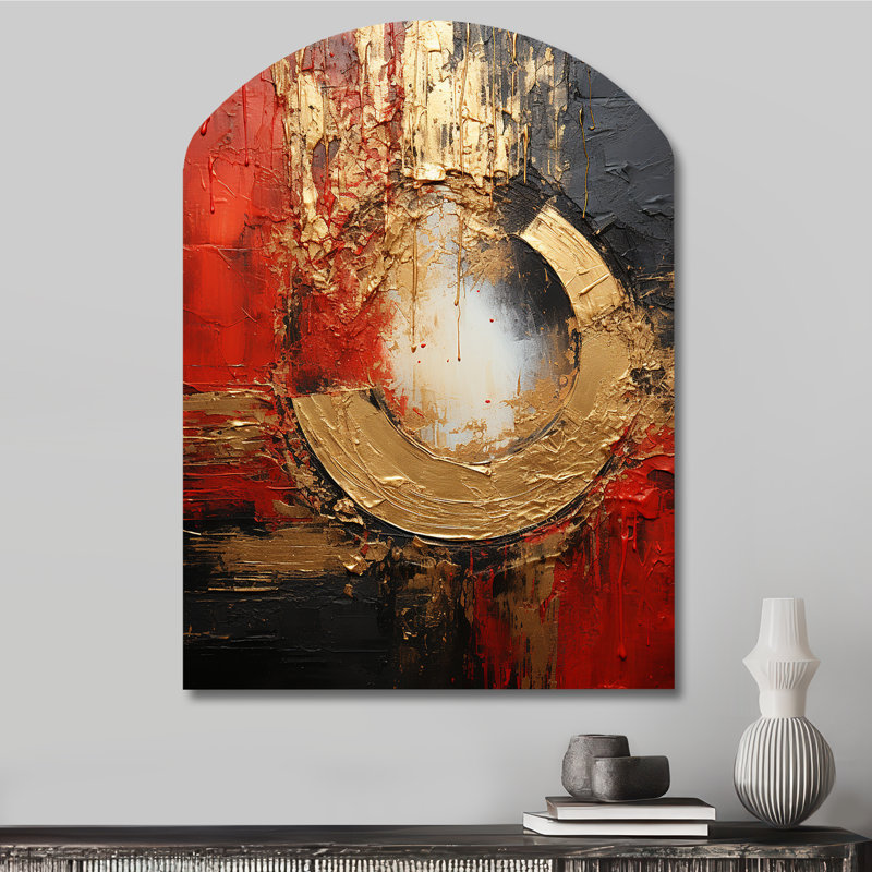 Red Gold Fusion Spiral II - Abstract Spirals Asymmetrical Metal Wall Decor, Gold Arch Metal Art Print, 34" H x 25" W x 1" D
