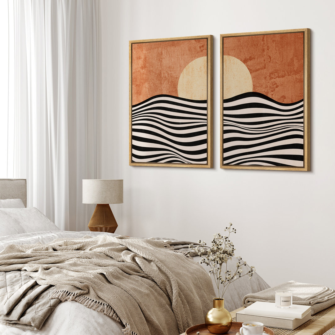 Sun And Moon Pastel Sun Ocean Waves Abstract Landscape Picture Framed Canvas 2 Pieces Print Wall Art IDEA4WALL Frame 