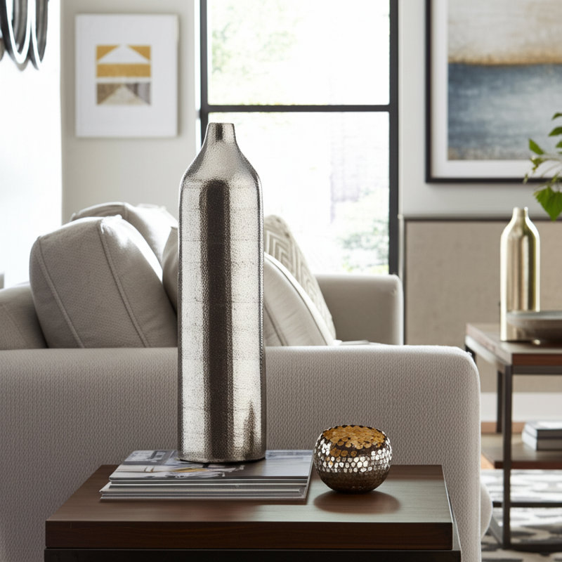 Ingeruth Aluminum Decorative Vase Modern Glam Metal Accent Piece with Textured Detail Sculptural Contemporary Design, Silver