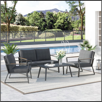 4 Piece Patio Furniture Set, Aluminum Conversation Set, Outdoor Garden Sofa Set with Armchairs, Loveseat, Center Coffee Table and Cushions