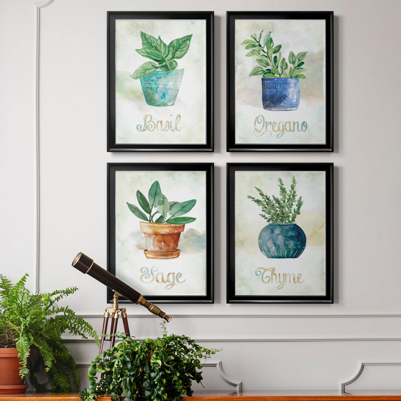 Basilic en pot - ensemble de 4 peintures sur toile encadrées, H 18,5 po x l 98 po x P 1,5 po, Noir