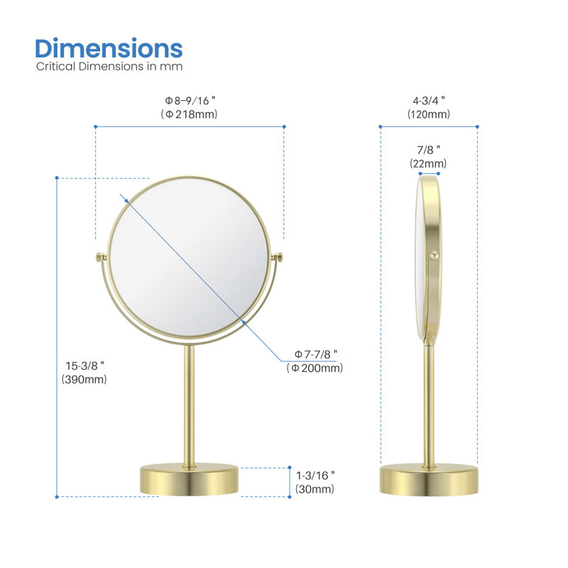 Miroir grossissant circulaire autoportant, Or brossé