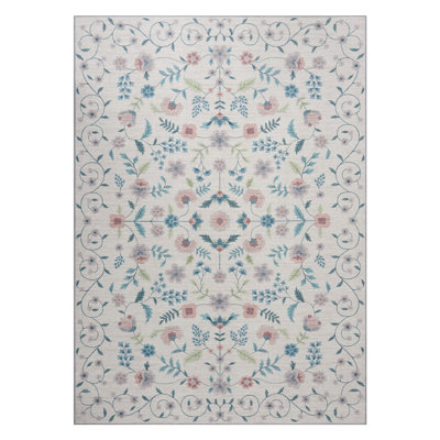 Washable Floral Area Rug - Thin Low Pile Carpet for Living Room, Dining Room, Bedroom, Office - Runner Style, Beige - Durable, Easy Care, Soft Underfoot