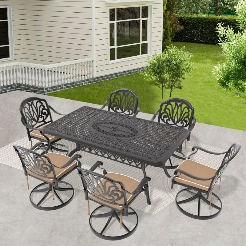 Ensemble de salle à manger 7 pièces en fonte d'aluminium toutes saisons, comprenant 6 chaises pivotantes et une table rectangulaire avec cadre noir