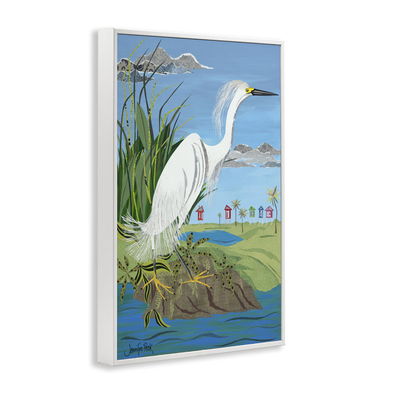 Aigrette perchée sur le rivage, estampe numérique par Jennifer Peck, H 18 po x l 12 po, Giclée encadrée blanc bord de mer
