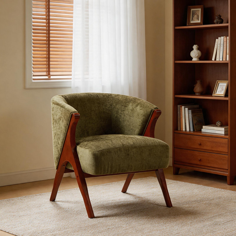 Chaise d'appoint rembourrée vert olive avec structure en bois, style Mid-Century