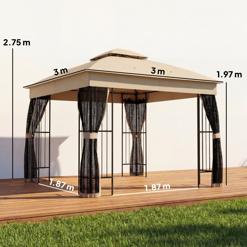 Outsunny 3 x 3 m Outdoor Garden Gazebo with Post Shelves, Double Roof, Brown