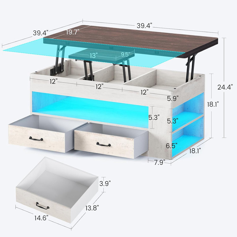 Table basse à plateau relevable, tables basses 4 en 1 avec rangement et compartiment caché, table basse de style campagnard