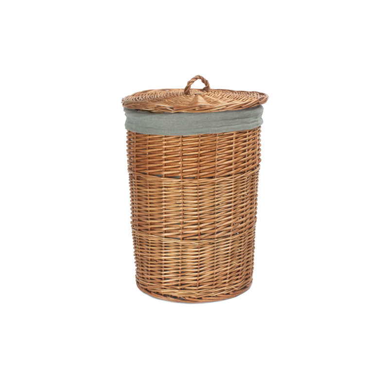 Wicker Round Laundry Hamper Basket with Lining, Light Steamed/Grey, 50cm H x 33cm W x 33cm D