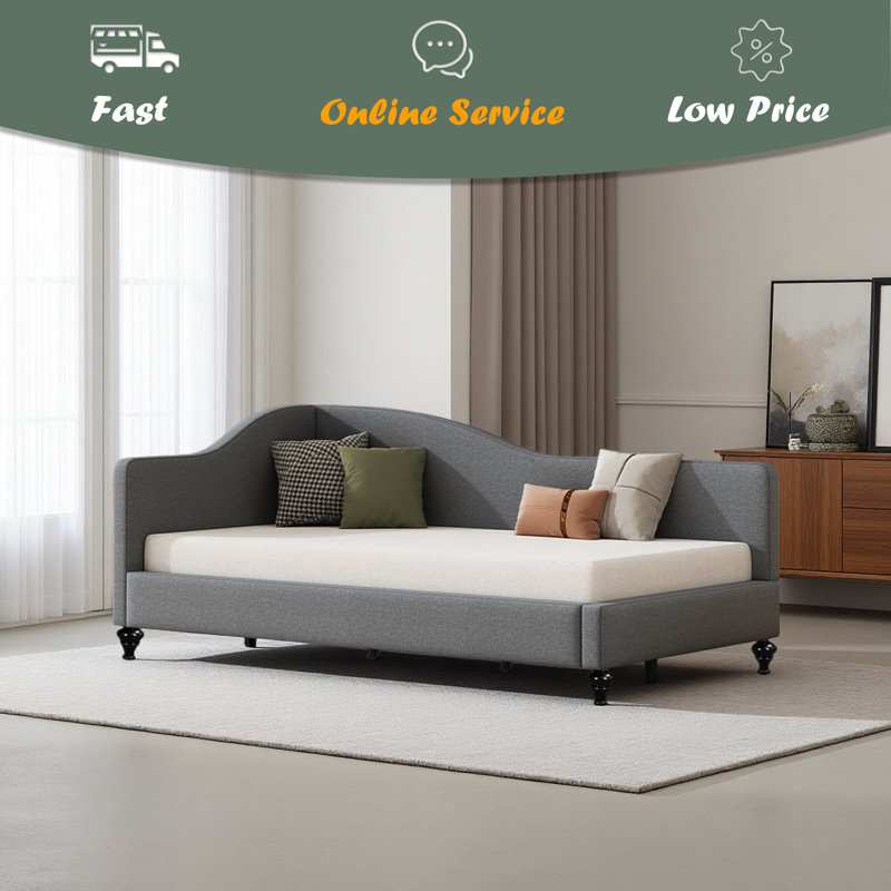 L-Shaped Linen Daybed, With Solid Wood Legs, Gray, Twin