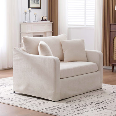 Fauteuil d'appoint en chenille de 43,9 po de largeur, fauteuil de lecture moderne rembourré avec pieds en métal noir et 2 traversins (beige)