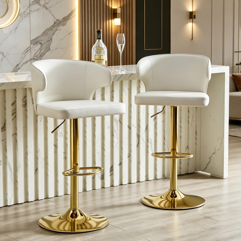 Modern Swivel Height Adjustable Bar Stools, Oil Wax Belt Backrest Chairs, PU, Gold+White, 2
