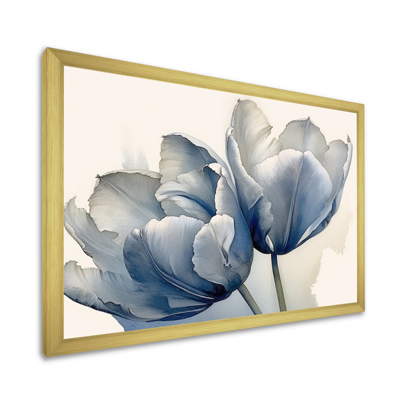 Tulipes, simplicité, saphir sur toile, H 24 po x l 32 po x P 1 po, Cadre doré simple